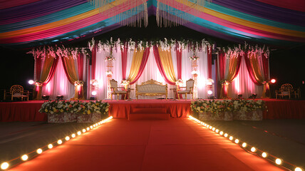 Romantic bedroom interior with elegant canopy bed decorated with roses, fairy lights, and luxurious curtains, creating a cozy, intimate atmosphere — perfect for honeymoon, Valentine, or dream getaway.