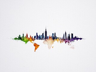 A vibrant watercolor painting depicts a global skyline with buildings in various colors, overlaid on a stylized world map.