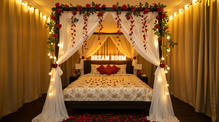 Romantic bedroom interior with elegant canopy bed decorated with roses, fairy lights, and luxurious curtains, creating a cozy, intimate atmosphere — perfect for honeymoon, Valentine, or dream getaway.