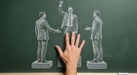 Hand reaching towards chalk drawing of three businessmen on a chalkboard
