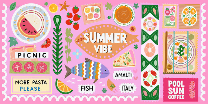 Vibrant summer picnic vibe with food fruits and italian destinations