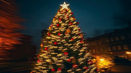 Long Exposure Cinematic Photograph of a Christmas Tree in Warm Autumn Colors with Light Trails and Film-Like Composition