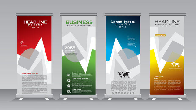 Roll up banner design display template, verticle banner design with red, green, blue and yellow colours, Roll up banner for business, conferance, event, welcome, party, fourm, campus, university,