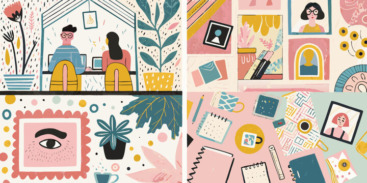 Creative collage of people working remotely and artistic elements with plants and desk supplies