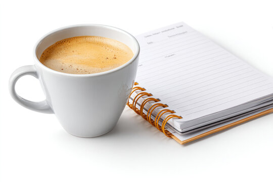 Morning routine concept coffee with open planner for effective time management and productivity on white background