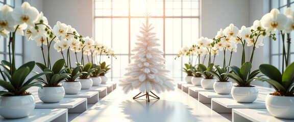 White Christmas tree surrounded by blooming orchids in bright room  
