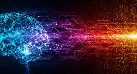 Conceptual image of a brain with data flow. The brain is glowing with vibrant colors, and the background contains an intricate network of data