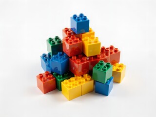 A clean, overhead photograph of a stack or pyramid of small, brightly colored children's plastic building blocks