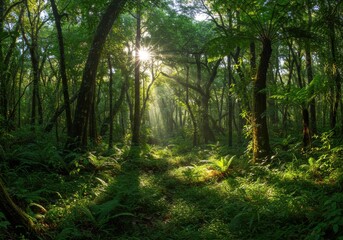 Obraz premium Bright sunlight pierces through the dense canopy of a lush, verdant forest floor