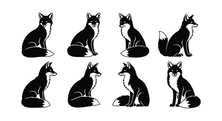 A collection of black and white fox illustrations in various poses