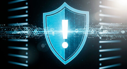 Blue digital shield with glowing white exclamation mark symbolizing cybersecurity. Dark background with binary code and circuit patterns for data protection theme