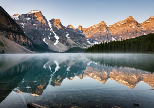 Majestic snow-capped mountains reflect perfectly in calm lake water at sunrise