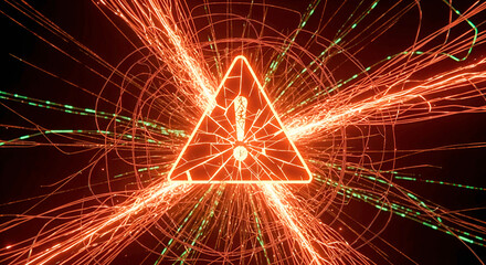 A glowing orange exclamation point as a warning symbol against a futuristic background with data streams. Cybersecurity in a high-tech digital environment.