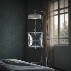 IV fluid bag beside hospital bed in dimly lit room
