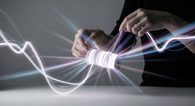 Close-up of a person's hands holding a smartphone with colorful, swirling lines and light trails emanating from the screen against a dark background.