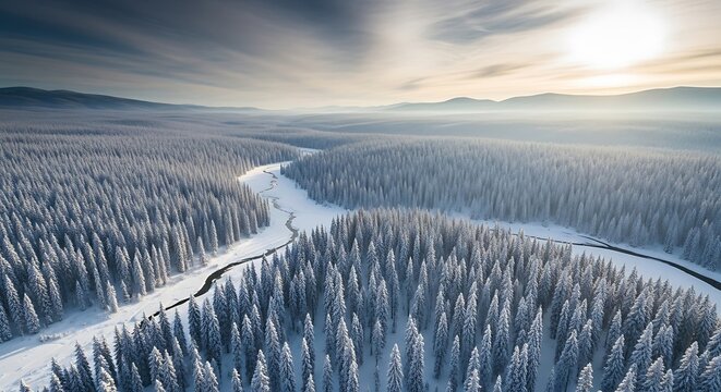 Aerial view of a snow-covered forest and winding river under a bright sky.