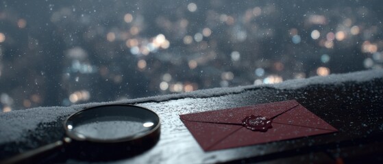 Detective’s snowy rooftop desk with a red-wax sealed Christmas letter