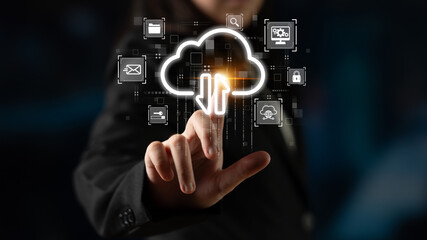 Fototapeta premium Cloud computing enables digital growth with secure data storage, scalable infrastructure, and strategic cloud-based business solutions. Latch