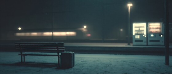 Empty snowy train station with a Christmas present suitcase