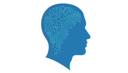 Digital Brain A stylized illustration of a human head silhouette with a circuit board design representing artificial intelligence