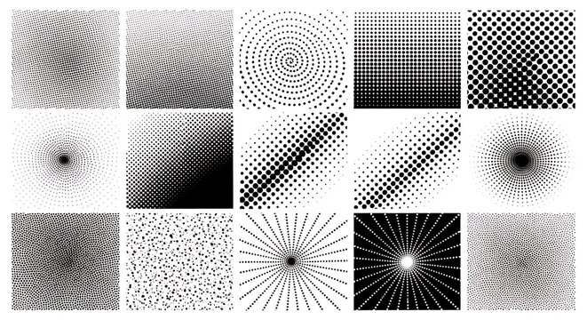 Collection of abstract monochrome halftone dot patterns and textures.