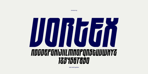 Bold and italic simple sans serif display font for logos headers or slogans, elegant vector thick and beautiful geometric typeface, uppercase letters alphabet with numbers, poster and advertising.