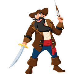 A cartoon pirate with a brown hat and coat holding a sword and a rifle in a dynamic pose against a white background