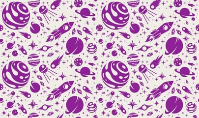 Exploring space seamless background, vector cartoon rockets flying among planets and stars endless wallpaper, astronomy school education for children tiling pattern.