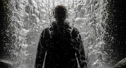 A solitary figure's silhouette behind a dynamic curtain of cascading water and spray creates a