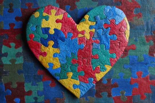 Heart shaped puzzle pieces in vibrant colors symbolize unity and awareness for World Autism Awareness Day in a creative design - Powered by Adobe