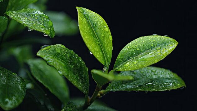 Close-up of vibrant green leaves covered in dew drops - Powered by Adobe