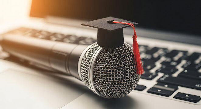 Graduation cap on a microphone placed on a laptop keyboard symbolizing online education and academic podcasting