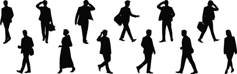 Silhouette business people walking, professional gestures and poses, black vector icons, office attire, cad drawing flat vector illustration