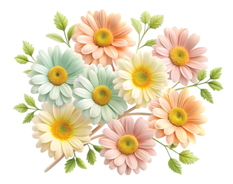Pastel Daisy Delight: Playful branch of pastel-colored daisies in soft yellow, blush, and mint hues, small leaves surrounding, PNG cut out. - Powered by Adobe