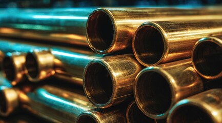 Naklejka premium Stacked brass pipes, close-up