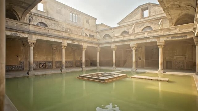 Serene Cinematic View of Ancient Roman Baths with Grand Columns