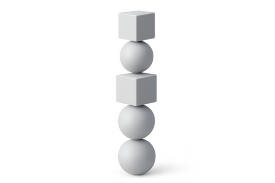 Balancing geometric shapes creating a sleek minimalist tower, stacking cubes and spheres for stability on transparent background