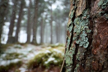 Close-up of a weathered pine tree trunk, covered in moss and lichen, in a snowy forest. Frosted forest background