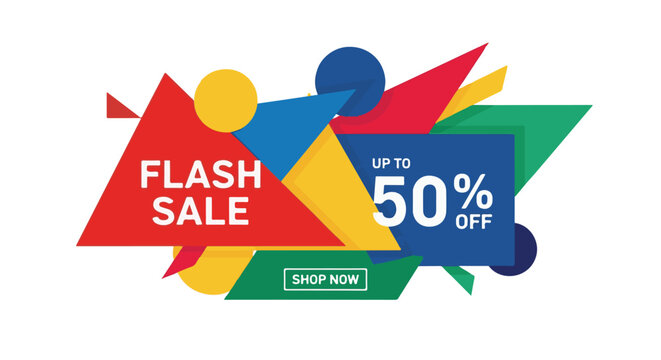 Vibrant abstract geometric banner for a special time-limited online shopping discount event with dynamic colorful shapes