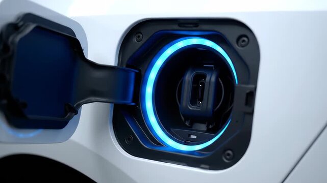 EV charging port closeup, futuristic tech