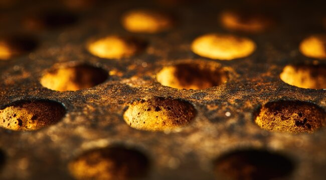 Close-up of rusty metal plate with many round holes