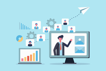 Digital communication and collaboration network with people icons and charts representing business growth