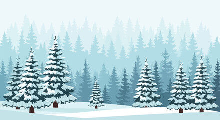 Fototapeta premium A beautiful winter forest landscape with snow-covered fir trees on a cold, misty day, a vector background illustration