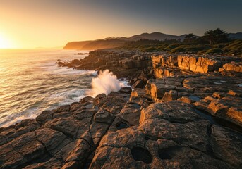 Rugged coastal terrain meets turbulent ocean waves under a warm sunset glow.