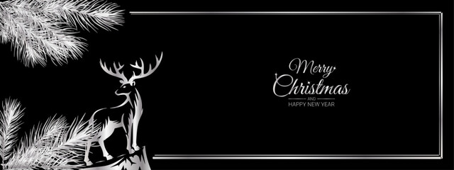 forest with silver needles of pine branches and a silver deer in the snow on a black background with silver frame, long.eps