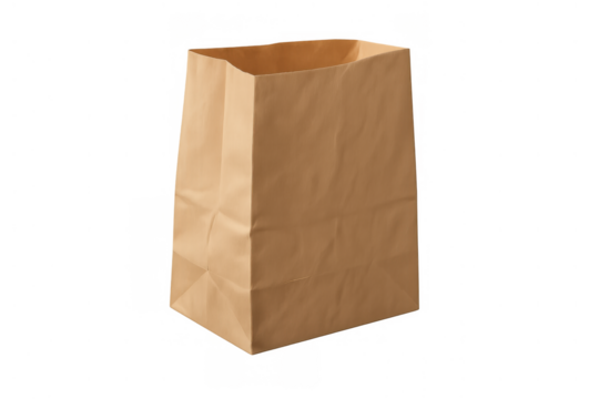 Empty brown paper bag standing, reusable kraft packaging for grocery shopping, delivery, food retail, transparent background