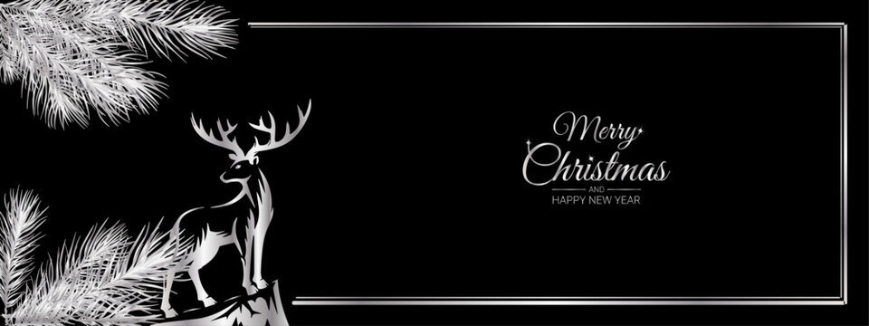 forest with silver needles of pine branches and a silver deer in the snow on a black background with silver frame, long.eps