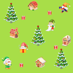 Seamless continuous pattern of dwarfs with gifts, festive decorated Christmas tree and gingerbread houses on a  blue background.ai