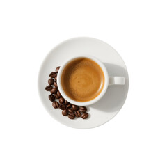 Aromatic espresso shot with scattered coffee beans on a simple white saucer backdrop