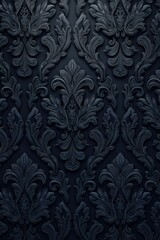 Dark Blue Damask Patterned Background with Raised Floral Motifs Texture